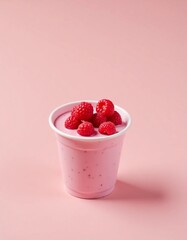 A delightful cup of raspberry yogurt showcases a creamy pink texture topped with fresh raspberries. Set against a soft pink backdrop, it invites a refreshing taste experience Generative AI