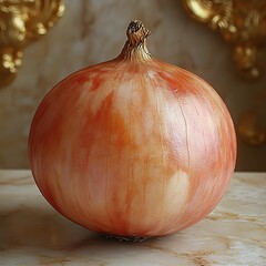 Organic onion sitting on counter with golden background details high resolution photo
