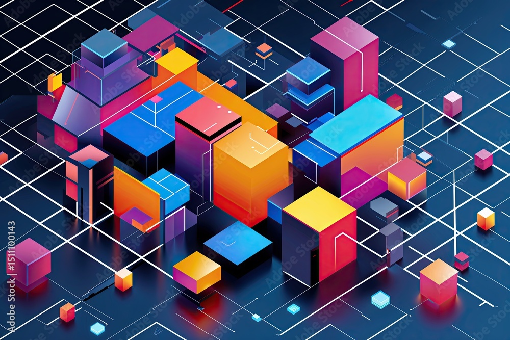 Poster isometric digital block geometric background with blockchain network design
