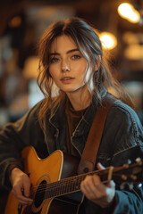 Femme jouant de la guitare acoustique en jean, ambiance chaleureuse et détendue, portrait musical en lumière naturelle
