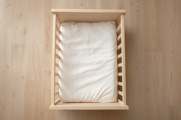 Soft white toddler bed with plain wooden frame, top view composition, minimal nursery bedding style, natural light on wood floor, suitable for baby product mockups and minimalist interior scenes