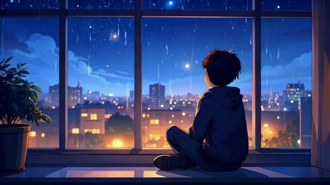 Boy watches city lights sparkle through raindrops from window sill animation