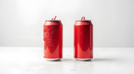 Fototapeta premium Condensed Red Cans. Two red aluminum cans with condensation droplets against black background. Refreshing beverage concept