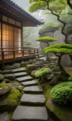 Traditional Japanese Zen Garden with Wooden House in Tranquil Setting. Ideal for concepts related to meditation, mindfulness