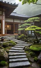 Traditional Japanese Zen Garden with Wooden House in Tranquil Setting. Ideal for concepts related to meditation, mindfulness