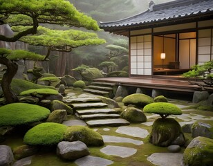 Traditional Japanese Zen Garden with Wooden House in Tranquil Setting. Ideal for concepts related to meditation, mindfulness