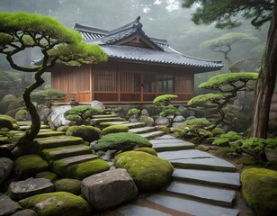 Traditional Japanese Zen Garden with Wooden House in Tranquil Setting. Ideal for concepts related to meditation, mindfulness