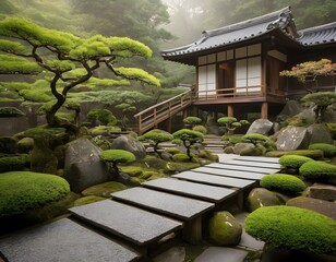 Traditional Japanese Zen Garden with Wooden House in Tranquil Setting. Ideal for concepts related to meditation, mindfulness