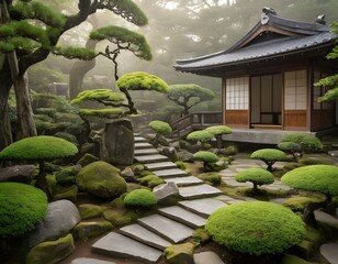 Traditional Japanese Zen Garden with Wooden House in Tranquil Setting. Ideal for concepts related to meditation, mindfulness