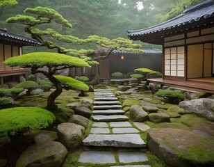 Traditional Japanese Zen Garden with Wooden House in Tranquil Setting. Ideal for concepts related to meditation, mindfulness