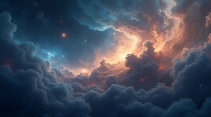 Fototapeta premium Colorful Cosmic Sky. Dramatic digital artwork of dark cloud-filled sky with vibrant blue, orange and yellow hues. Surreal ethereal space scene