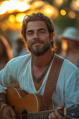 Musicien jouant de la guitare acoustique en plein air lors d’un festival, ambiance chaleureuse et créative en soirée, portrait d’homme souriant ou concentré