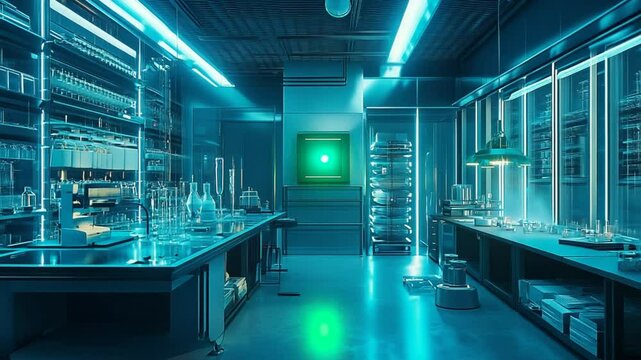 Futuristic laboratory interior with glowing blue lights for scientific research, studies