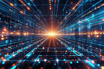 Obraz premium Innovative Computing Landscape Featuring Dynamic Network of Lines and Dots