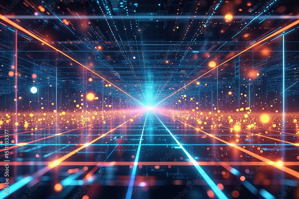 Poster futuristic virtual grid with dynamic particles and advanced technology integration