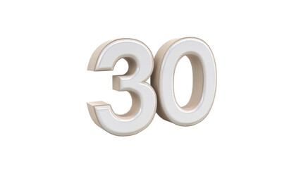 3D Render of Number Thirty, Beige and White, Modern Design