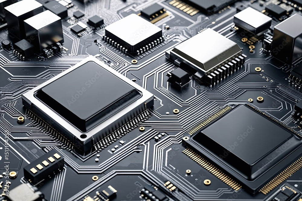 Poster elegant circuit board design with sharp angles and data pathways in a modern silver texture