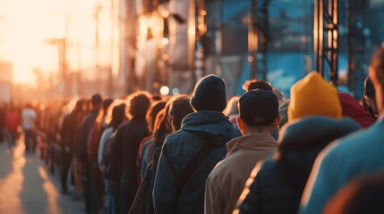 A long line of people wait in an urban setting as the sun sets, seen from behind in a crowd of diverse individuals at an outdoor event.