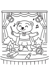 A cute teddy bear is standing confidently on a brightly lit stage, joyfully holding a sparkling wand in its paw as if ready to perform