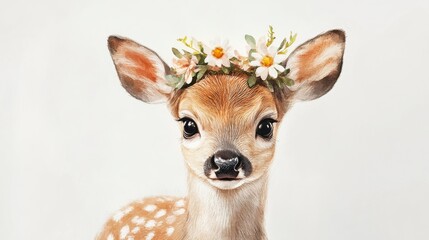 cute watercolor baby deer with flower crown, soft tone, white background