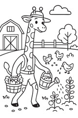 A giraffe is actively watering the plants that are located on a beautiful farm, showcasing its unique abilities and characteristics