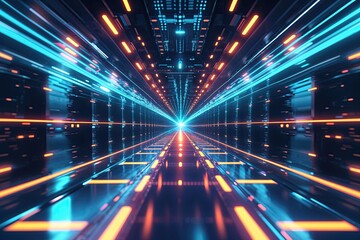 Fototapeta premium Vibrant Digital Energy Technology Vector Design with Glowing Rays and Motion Blur in Dark Cobalt Background