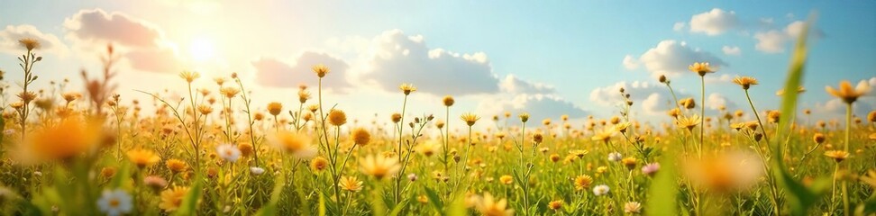 Obraz premium A sun-drenched field of wildflowers swaying gently in the breeze, a feeling of pure joy and serenity Perfect for themes of peace, happiness, and well-being , nature, golden hour, meadow