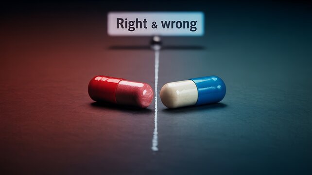 A choice between two pills red and blue with right and wrong sign concept on a dark background 100 chars