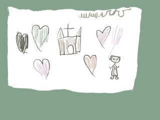 Child’s drawing of a church with several heart symbols as a sign of love.