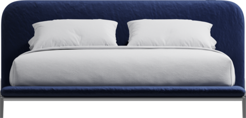 Front view of blue double bed with headboard and blanket