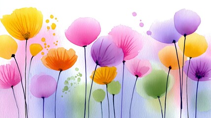 Abstract Watercolor Painting of a Vibrant Flower Field with Yellow Pink Purple and Green Hues. Generative AI
