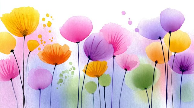 Abstract Watercolor Painting of a Vibrant Flower Field with Yellow Pink Purple and Green Hues. Generative AI
