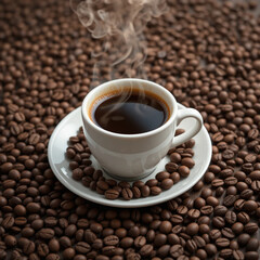 Fototapeta premium Steaming Hot Coffee Cup Surrounded by Roasted Coffee Beans