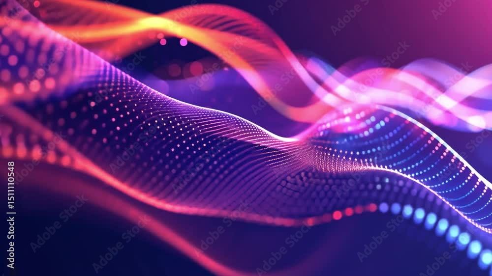 Poster colorful abstract waves dynamic visual and sound experience with glowing dots in digital technology 