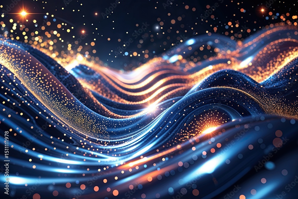Poster captivating digital wave design featuring glowing swaying dots and sparkling particles in virtual sp