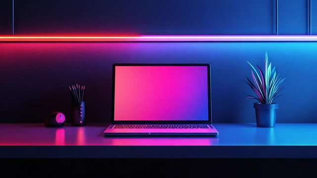 Modern workspace with laptop and neon lights for creative professionals and designers