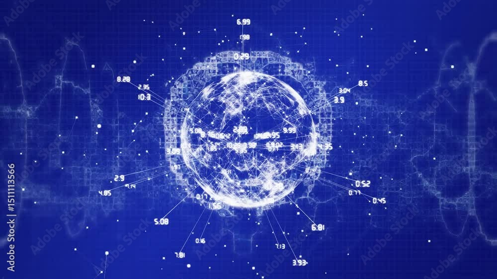Poster Fading network globe initiating numeric labels appearing, waveforms pulsing to visualize data flow