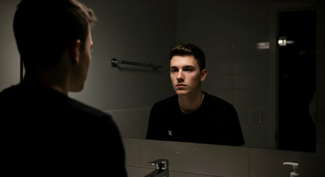 Introspective Young Man Gazing Thoughtfully Into A Bathroom Mirror In Dim Lighting - Powered by Adobe