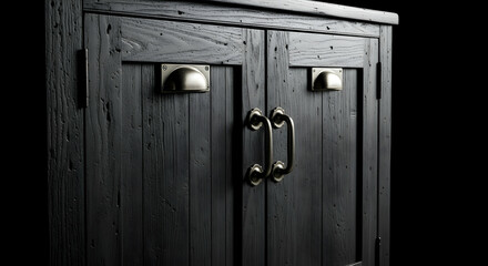 Fototapeta premium Rustic Black Wood Cabinet With Metallic Accents On Dark Background