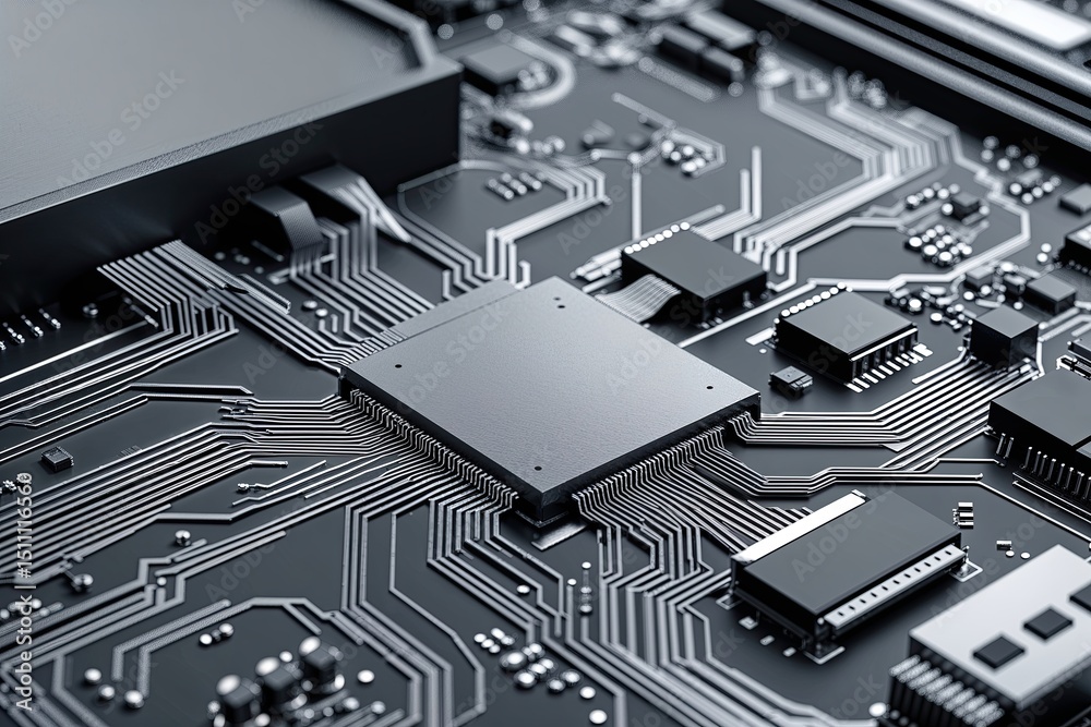 Poster sleek circuit board design featuring sharp angles and data pathways in modern silver texture
