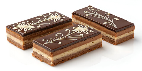 Layered rectangular chocolate cake bars topped with rich chocolate icing and white chocolate decoration, isolated on white background, perfect for dessert menus, packaging, and ads