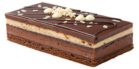 Layered rectangular chocolate cake bars topped with rich chocolate icing and white chocolate decoration, isolated on white background, perfect for dessert menus, packaging, and ads