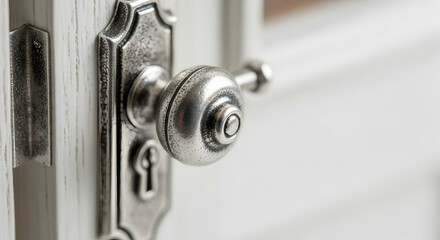 Naklejka premium Vintage Door Handle On Painted Wooden Door Gives Rustic Look Close Up