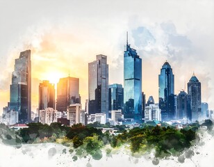 Fototapeta premium City skyline at sunrise, watercolor style