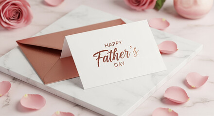 Greeting card for Father's Day with floral accents and envelope on marble background