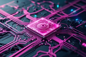 Fototapeta premium Futuristic Technology Background Featuring Advanced Quantum Computing Paradigms with Unique Magenta Circuit Patterns and Dynamic Flow Visualization