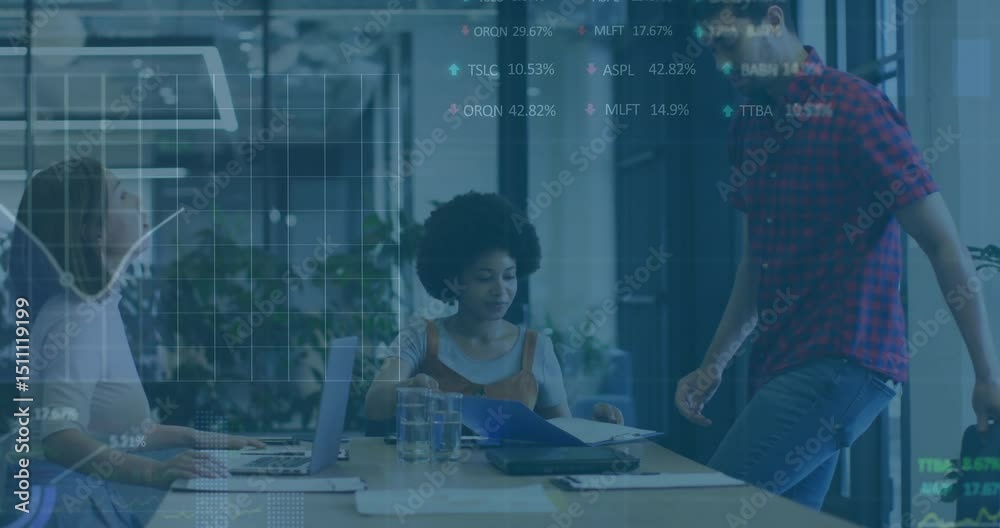 Poster man bringing folder and initiating financial overlay while colleagues comparing binder data