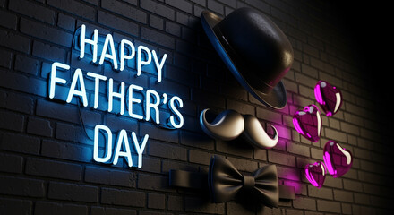 Father's Day decorations featuring happy neon signs a bow tie mustache and hat on a black wall