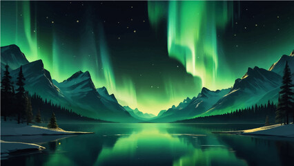 Green northern lights scene glowing in the night sky decorated with golden glow effect and stars, luxury style background design concept.7