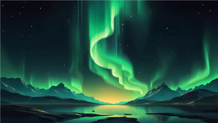 Green northern lights scene glowing in the night sky decorated with golden glow effect and stars, luxury style background design concept.8